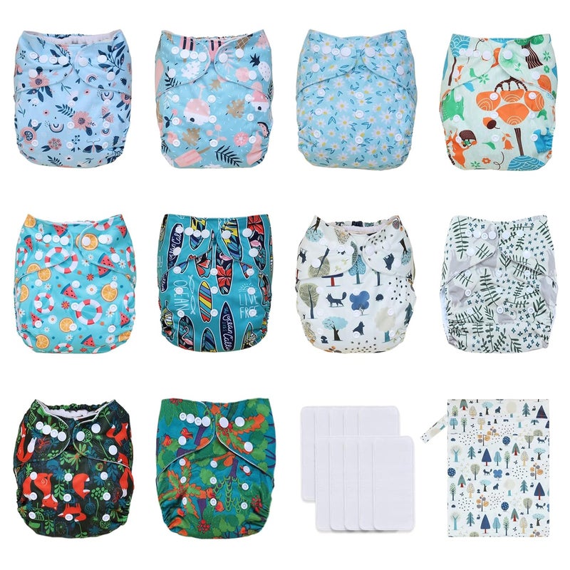 TDIAPERS حفاضات قماشية قابلة للغسل وإعادة الاستخدام بحجم واحد قابلة للتعديل للأطفال 10 عبوة مع 10 قطع من إدخالات الألياف الدقيقة، 1 حقيبة مبللة - Image 1